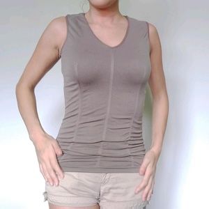 Dusty Tan Brown Ruched Sleeveless Tunic Top